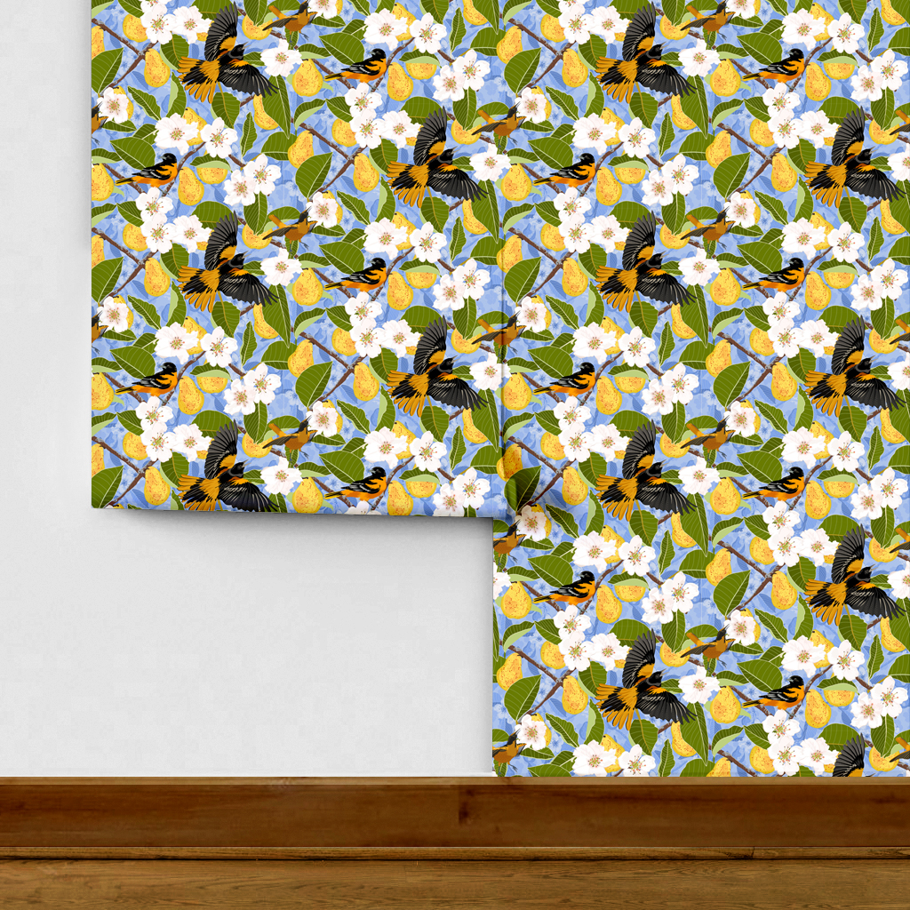 The artwork showcases a vibrant and detailed pattern featuring three orange and black birds set against a backdrop of yellow pears, green leaves, and white blossoms. The birds are depicted in different poses: one perched on a branch, one in mid-flight with wings spread, and another near a pear. The rich colors and intricate details of the feathers, fruits, and flowers create a lively and harmonious composition. The overall style combines naturalistic elements with a decorative, repeating design, highlighting the beauty of nature with emphasis on bold contrasts and vivid hues.